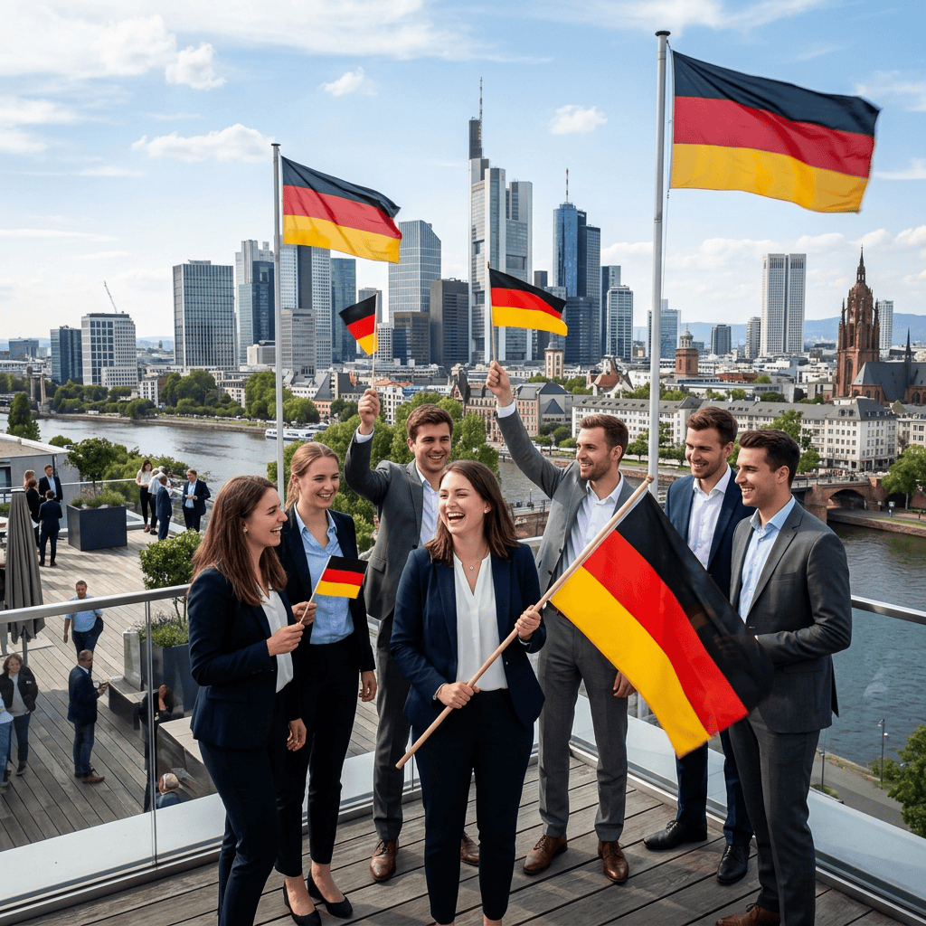 Young professionals in business attire waving German flags on a rooftop with Frankfurt skyline in background