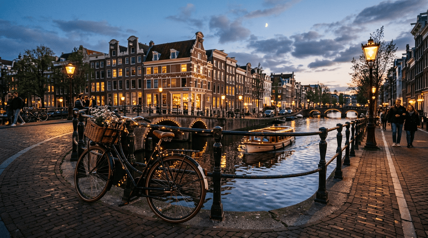 Bicycle with a basket of flowers parked by a canal with lit bridges and buildings at dusk