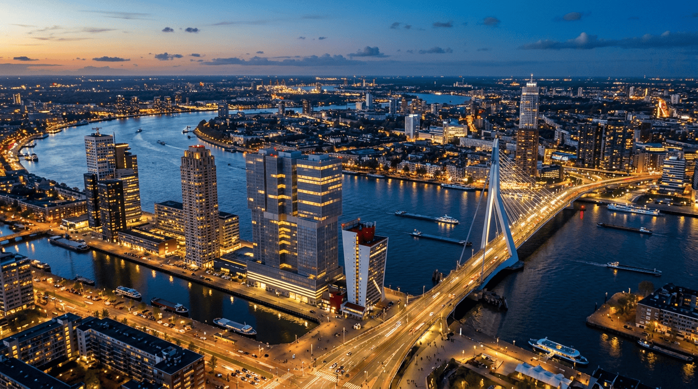 Night aerial view of Rotterdam city with illuminated Erasmus Bridge and waterfront skyscrapers
