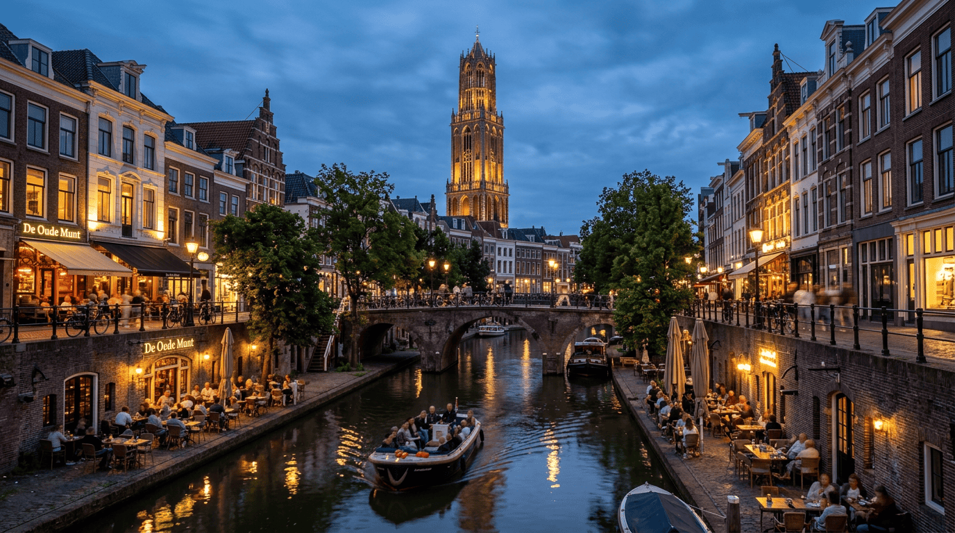 Canal with boats, outdoor diners, historic buildings, and a tall illuminated tower at dusk