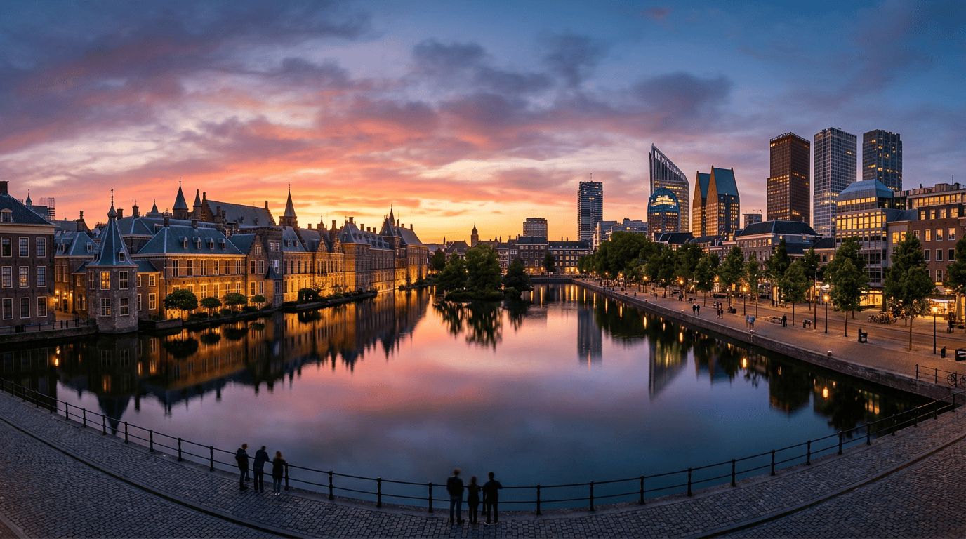 Canal reflecting historic buildings on left and modern skyscrapers on right at sunset