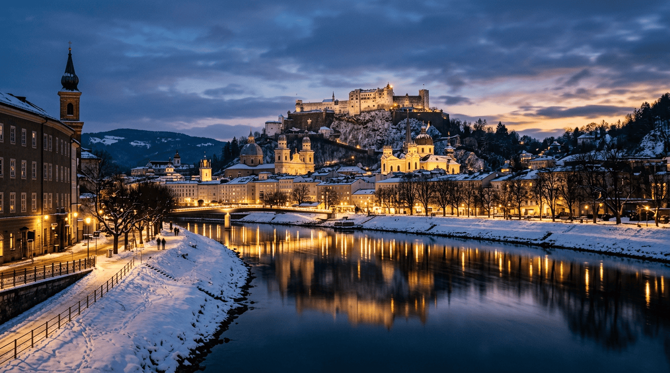 Salzburg city skyline at dusk with snow, river, illuminated buildings, and fortress above