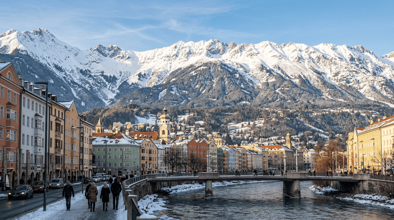 Snow-covered Alpine mountains behind colorful Innsbruck buildings and river