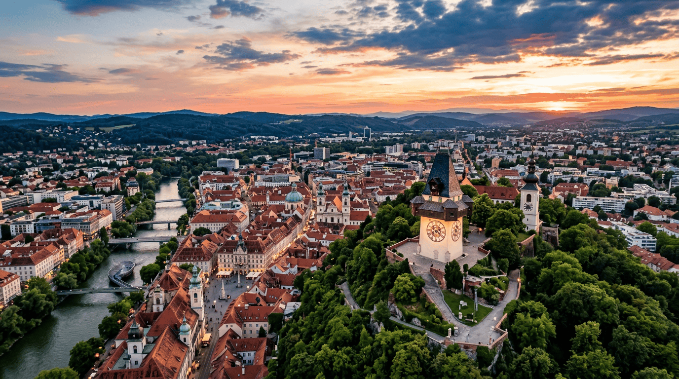 Clock tower on a hill amid lush trees overlooking a European city with red rooftops and river at sunset